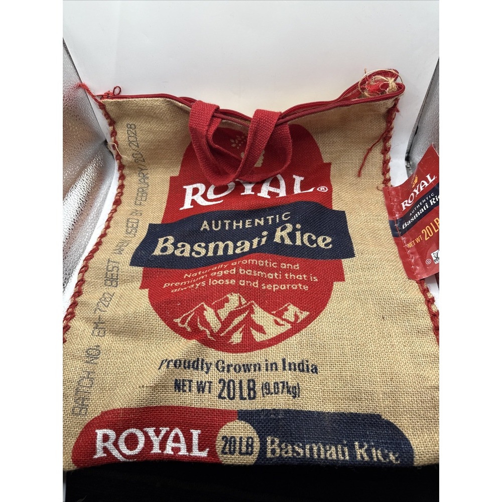 Royal Basmati Rice Bag 20lbs Burlap Handles Zipper Heavy Duty 25th Anniv No Rice